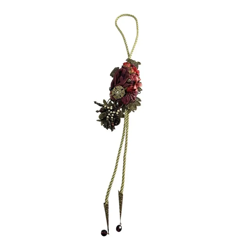 Ornate Burgundy Gold Floral Beaded Curtain Tieback Tassel 20” Single